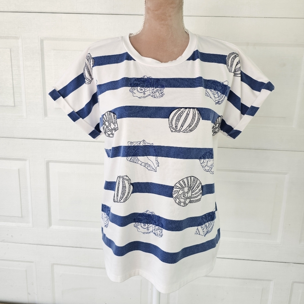 On 12th XL Nautical Striped Seashell Top | Coastal Boho Beach Preppy Summer - Picture 2 of 8